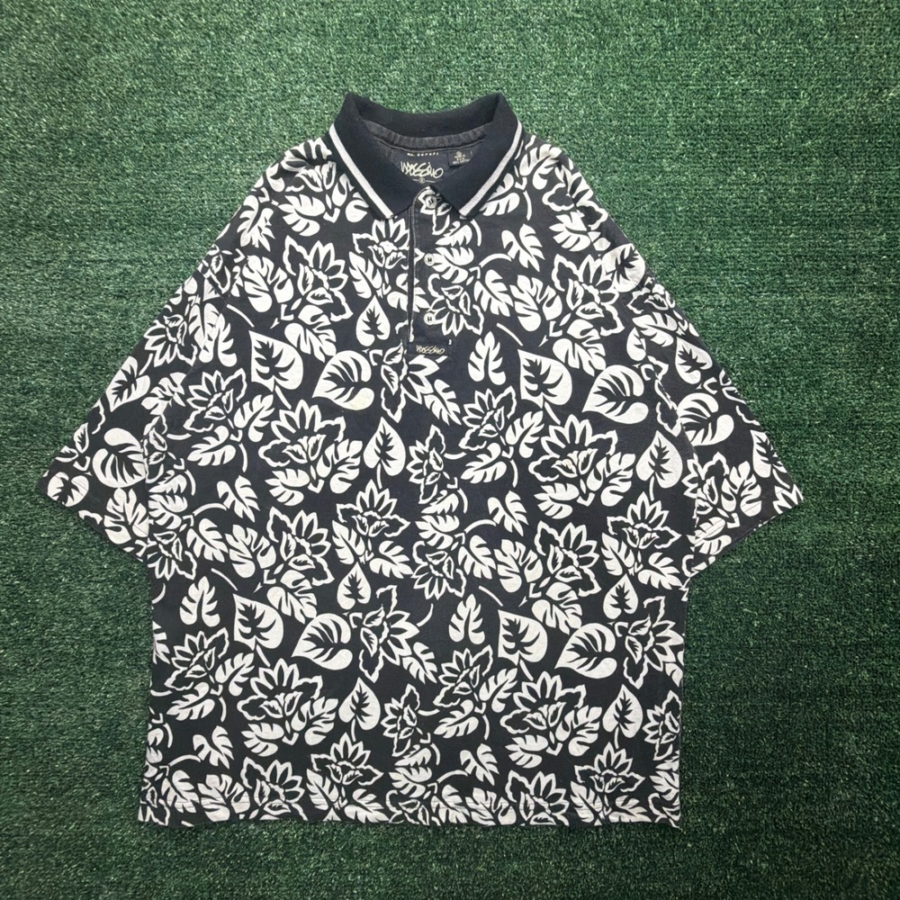 Vintage Mossimo Mens XL Polo Shirt Black White Floral Hibiscus Y2K Surf Cotton